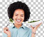 Health, salad and smile portrait of a black woman in studio eating vegetables for nutrition or vegan diet. Happy African female with fork for healthy food, detox and wellness benefits for motivation 