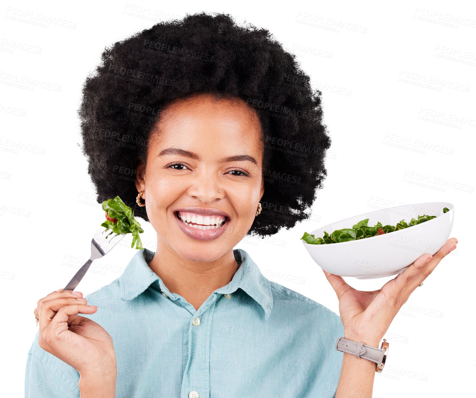 Buy stock photo Hungry, salad and portrait of black woman with vegetables for nutrition or eating a vegan diet. Happy, African female and smile for healthy food isolated on a transparent png background for wellness