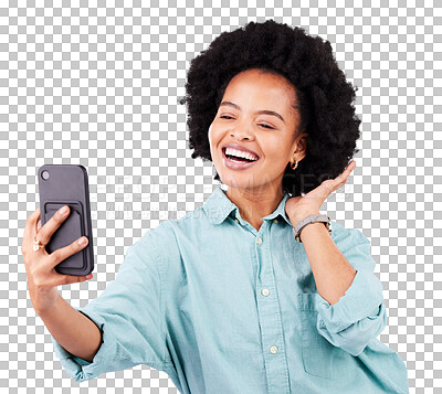 Buy stock photo Black woman, selfie and afro with smile, social media or internet connection isolated on a transparent background. Post, female person or model with profile picture, happiness or png with photography