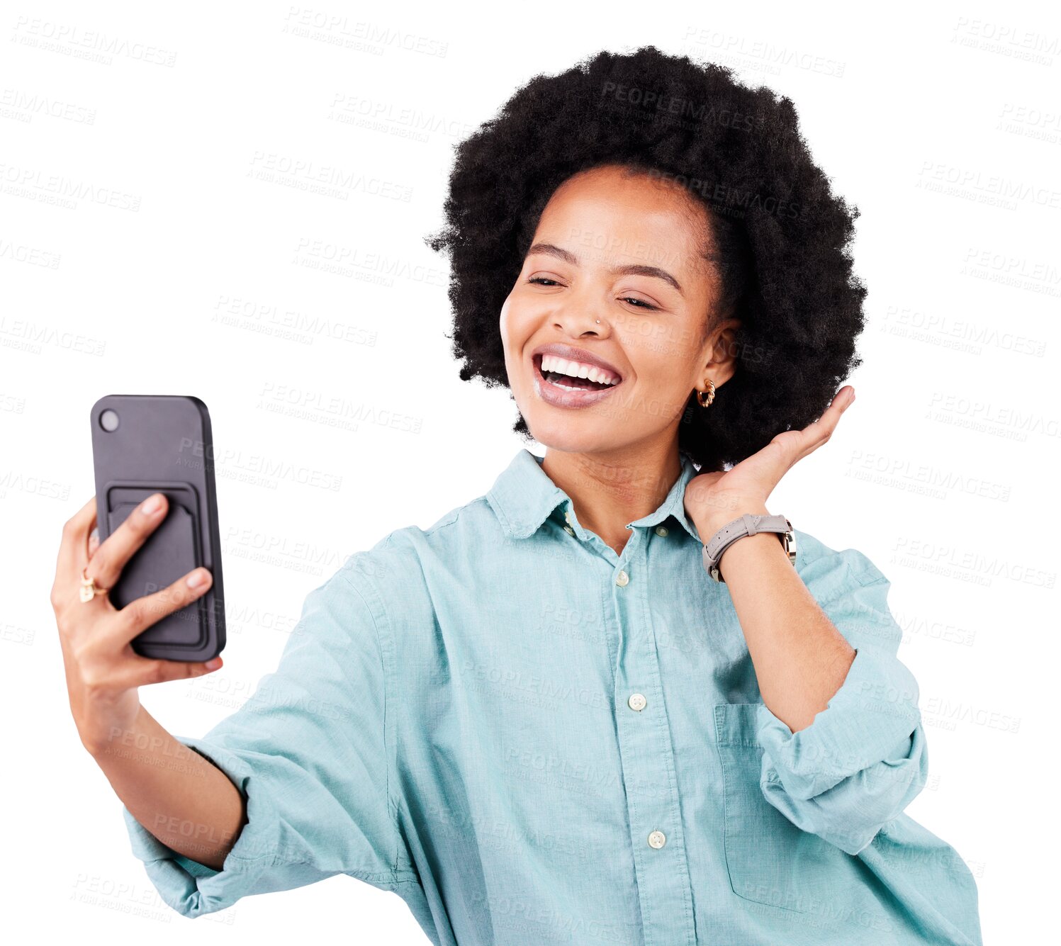 Buy stock photo Black woman, selfie and afro with smile, social media or internet connection isolated on a transparent background. Post, female person or model with profile picture, happiness or png with photography