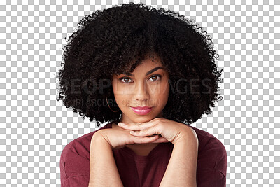 Buy stock photo Face, fashion and confident woman isolated on a transparent png background. Portrait, model and natural female person from South Africa with cosmetics, aesthetic and casual clothes, tshirt and style