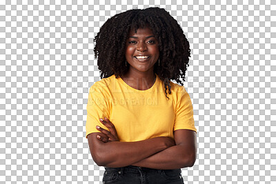 Buy stock photo Fashion, portrait and black woman with arms crossed, smile and isolated on a transparent png background. Face, natural confidence and happy African model from Nigeria with tshirt or casual clothes