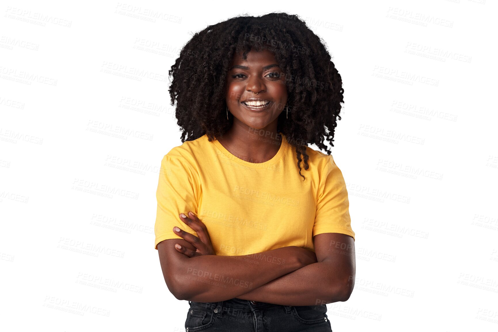 Buy stock photo Fashion, portrait and black woman with arms crossed, smile and isolated on a transparent png background. Face, natural confidence and happy African model from Nigeria with tshirt or casual clothes