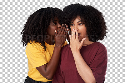 Buy stock photo Whisper, shocked and women with gossip, secret and news isolated on transparent, png background. Face, black people or friends with announcement, info and surprise with emoji, communication and wow