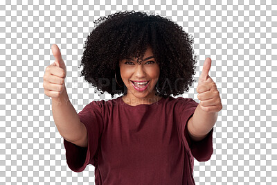 Buy stock photo Excited, portrait and woman with thumbs up for success isolated on a transparent png background. Face, like hand gesture and happy African model with emoji for agreement, vote or feedback on review.