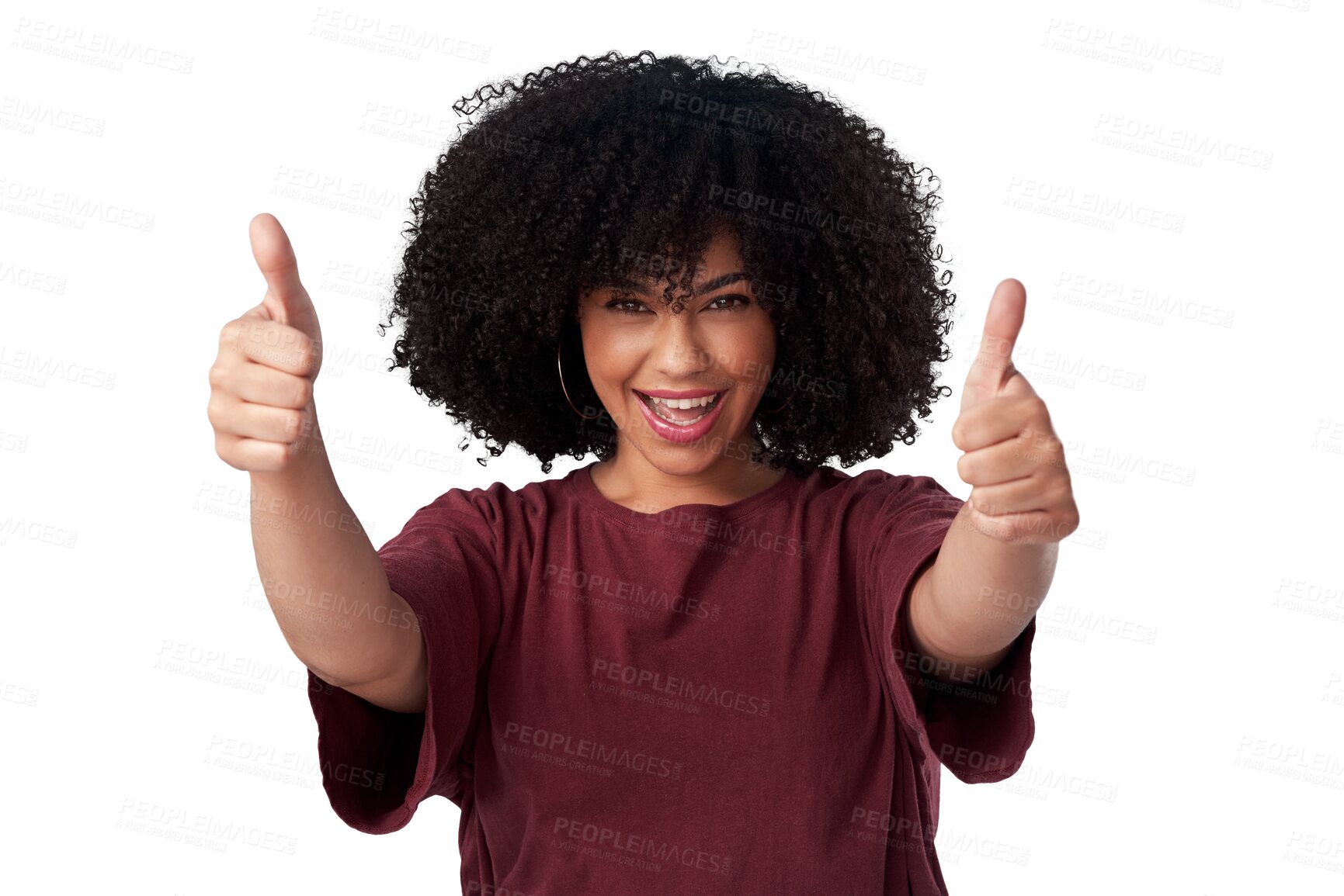 Buy stock photo Excited, portrait and woman with thumbs up for success isolated on a transparent png background. Face, like hand gesture and happy African model with emoji for agreement, vote or feedback on review.