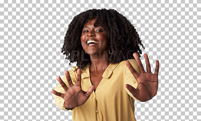 Buy stock photo Happy, portrait and woman with a stop hand sign for fear, scared or horror expression for safety. Happiness, smile and African female model with block gesture isolated by transparent png background.