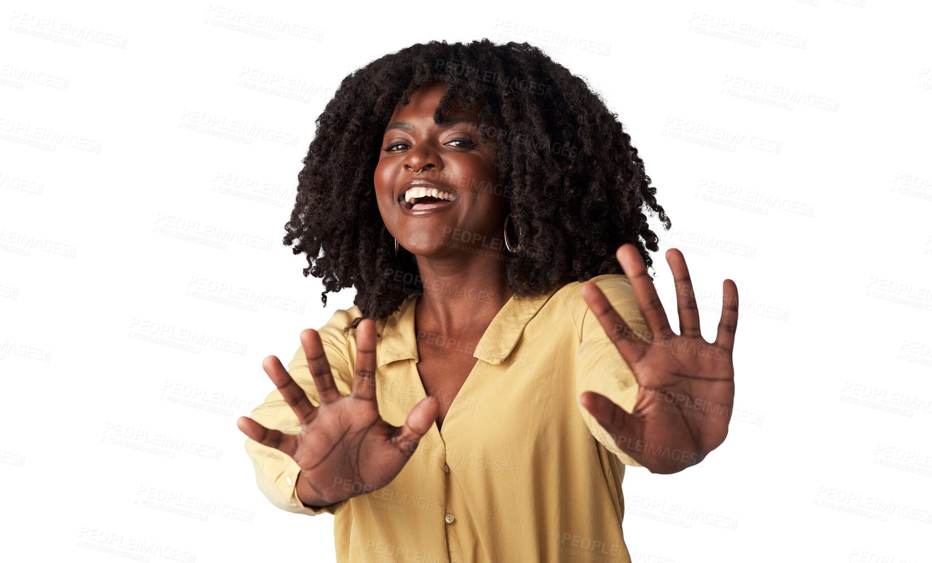 Buy stock photo Happy, portrait and woman with a stop hand sign for fear, scared or horror expression for safety. Happiness, smile and African female model with block gesture isolated by transparent png background.