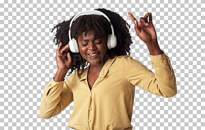 Buy stock photo Music headphones, happy dance and woman streaming service for hip hop, techno and student celebration. Dancing, audio and university or african person listening isolated on transparent png background