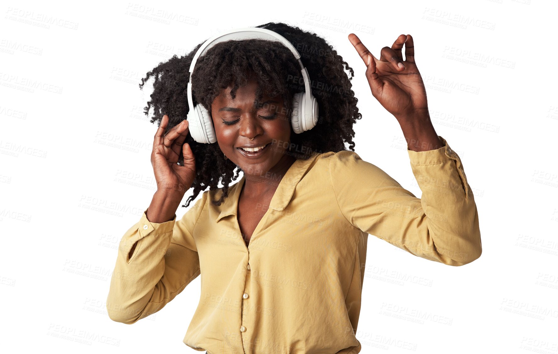 Buy stock photo Music headphones, happy dance and woman streaming service for hip hop, techno and student celebration. Dancing, audio and university or african person listening isolated on transparent png background