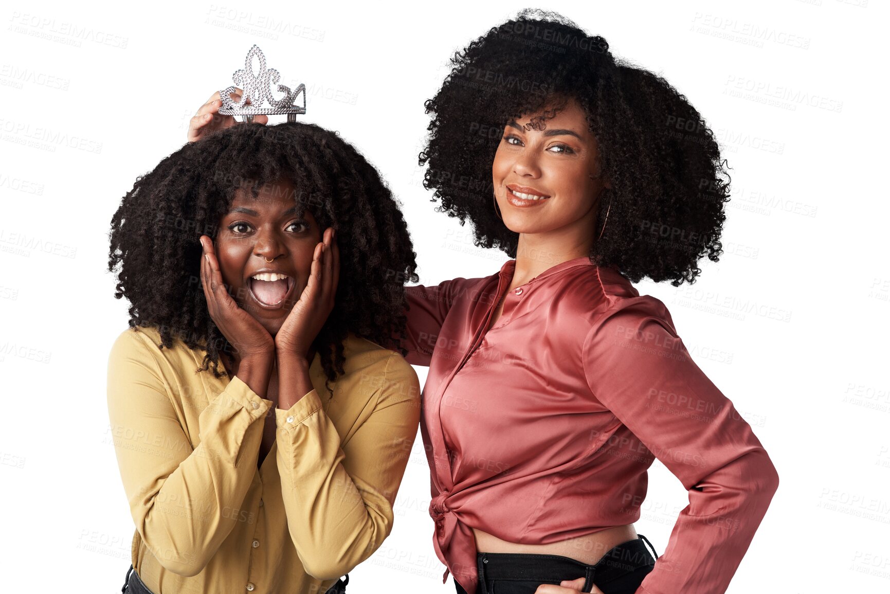 Buy stock photo Friends, crown and women happy together for support, empowerment or freedom. Young and excited black people isolated on a transparent, png background for motivation, help and celebration for Queen