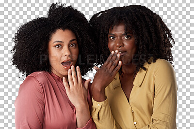 Buy stock photo Portrait, shocked and women with gossip, secret and news isolated against a transparent background. Face, female people and models with announcement, mistake and surprise with png, emoji and wow