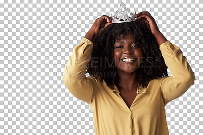 Buy stock photo Black woman, portrait and crown, queen and beauty with afro hair and royal on transparent png background. Smile, happy and hairstyle, female model and regal cosplay, luxury and tiara with cosmetics