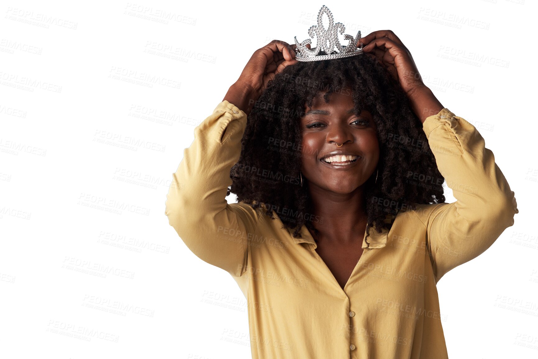 Buy stock photo Black woman, portrait and crown, queen and beauty with afro hair and royal on transparent png background. Smile, happy and hairstyle, female model and regal cosplay, luxury and tiara with cosmetics