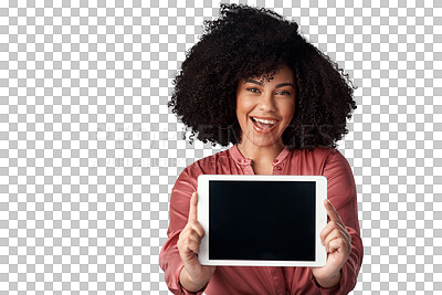 Buy stock photo Tablet, screen and portrait of woman showing interactive ui, ux and isolated in transparent or png background. Technology, marketing and person with internet, website or app review on mockup space