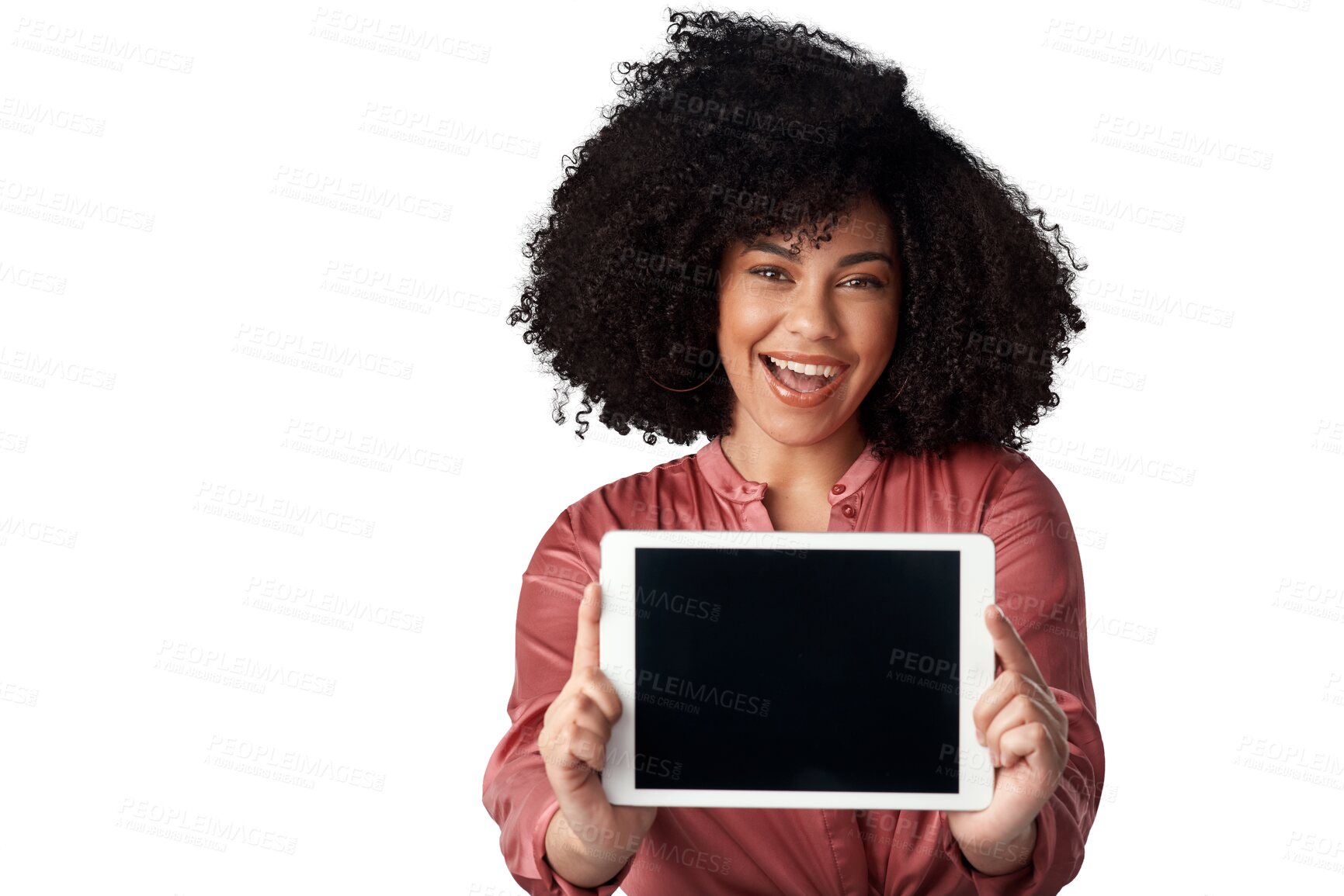 Buy stock photo Tablet, screen and portrait of woman showing interactive ui, ux and isolated in transparent or png background. Technology, marketing and person with internet, website or app review on mockup space