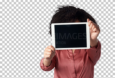 Buy stock photo Connection, promotion and woman with a tablet, internet or website information isolated against a transparent background. Female person, network software or model with technology, blank screen or png