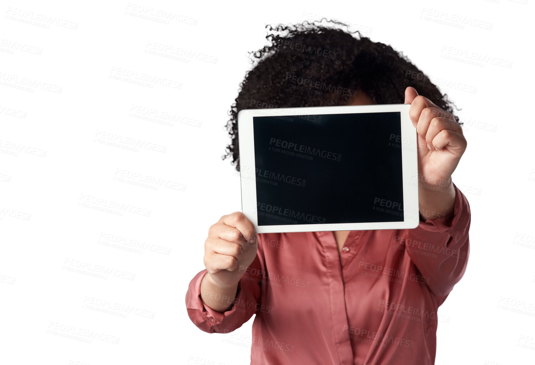 Buy stock photo Connection, promotion and woman with a tablet, internet or website information isolated against a transparent background. Female person, network software or model with technology, blank screen or png