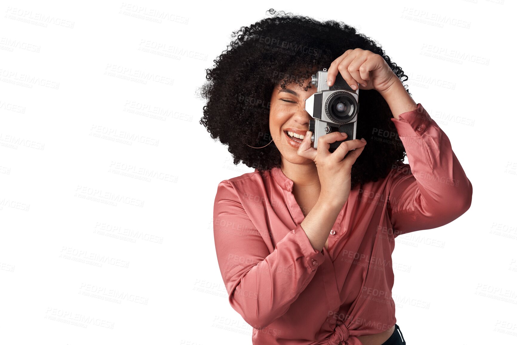 Buy stock photo Isolated woman, press and retro camera for media, news and content creator job by transparent png background. Paparazzi girl, photographer and vintage lens for shooting newspaper, magazine or tabloid