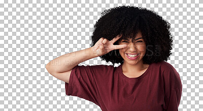 Buy stock photo Smile, portrait and woman with peace sign for success isolated on a transparent png background. Face, v hand gesture and happy African model with emoji for achievement, victory and vote for winner.