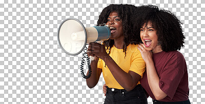 Buy stock photo Megaphone, voice and woman or friends for news, broadcast or student sale isolated on transparent png background. African people, gen z or youth announcement, university and call to action or change