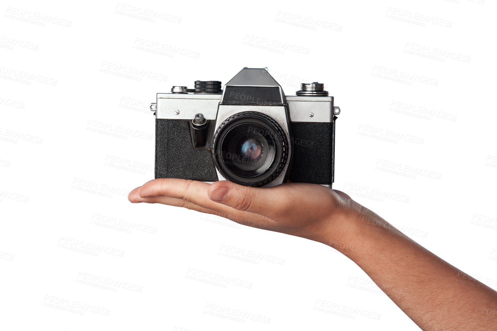 Buy stock photo Camera in hand, photography and creative with vintage technology isolated on transparent png background. Person with retro gadget, photographer and picture journalist with lens, blog and hobby