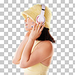 Makeup, music headphones and woman in studio isolated on a yellow background. Eye stickers, freedom technology and young female model listening, enjoying and streaming radio, podcast and audio song.