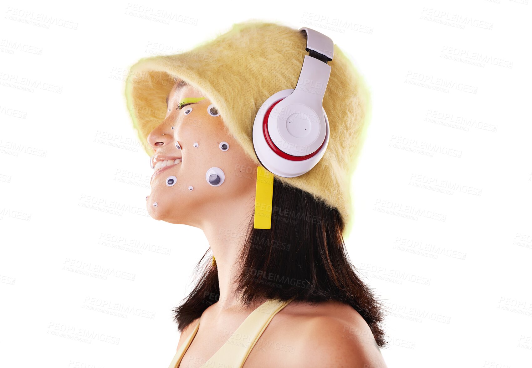 Buy stock photo Fashion, music headphones and woman isolated on transparent png background for gen z audio. Eyes stickers, technology and happy model, youth or person listening to trendy audio with streaming service