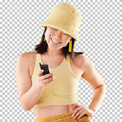 Asian woman, texting and studio with beauty, fashion and eyes sticker art on face with smile for social media. Happy gen z model, 90s aesthetic and phone for communication, chat or app with happiness