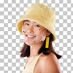 Fashion, face and woman portrait with comic eyes isolated on yellow background in a studio. Happy, funny and stylish asian girl model with a smile, color and mindset for motivation and skin cosmetics