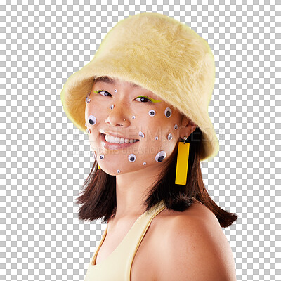 Fashion, face and woman portrait with comic eyes isolated on yellow background in a studio. Happy, funny and stylish asian girl model with a smile, color and mindset for motivation and skin cosmetics