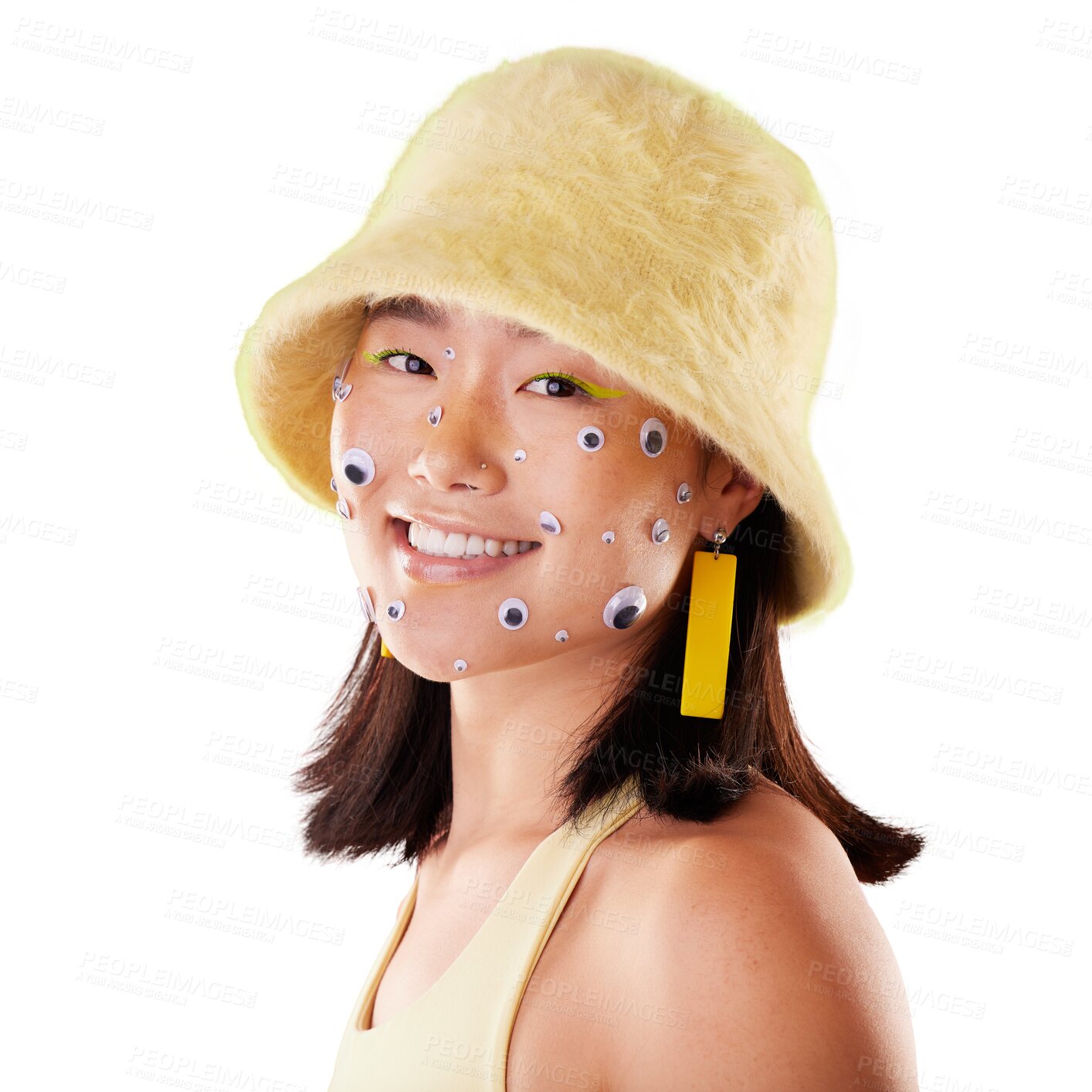 Buy stock photo Cosmetics, portrait and asian girl with comic eyes or fashion in png or isolated and transparent background. Stickers, face and girl with style or smile with makeup for beauty and vintage hat.