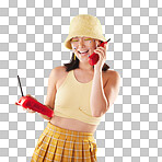 Landline, fashion and woman on a call in a studio with art eyes stickers on her face with 90s aesthetic. Communication, beauty and happy Asian female with a telephone isolated by a yellow background.