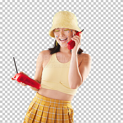 Buy stock photo Fashion, landline and funny woman on a call isolated on a transparent png background, art eyes stickers on her face and 90s aesthetic. Communication, telephone and happy Asian model with gen z laugh