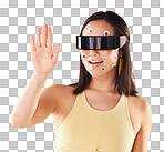 Virtual reality, 3d metaverse and woman in vr, exploring cyber world or futuristic tech. Future, face stickers and happy female with digital headset for gaming in studio isolated on yellow background