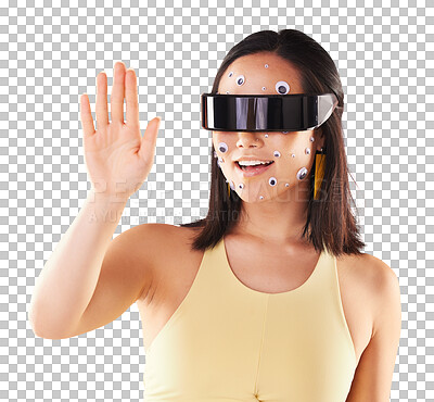 Virtual reality, 3d metaverse and woman in vr, exploring cyber world or futuristic tech. Future, face stickers and happy female with digital headset for gaming in studio isolated on yellow background