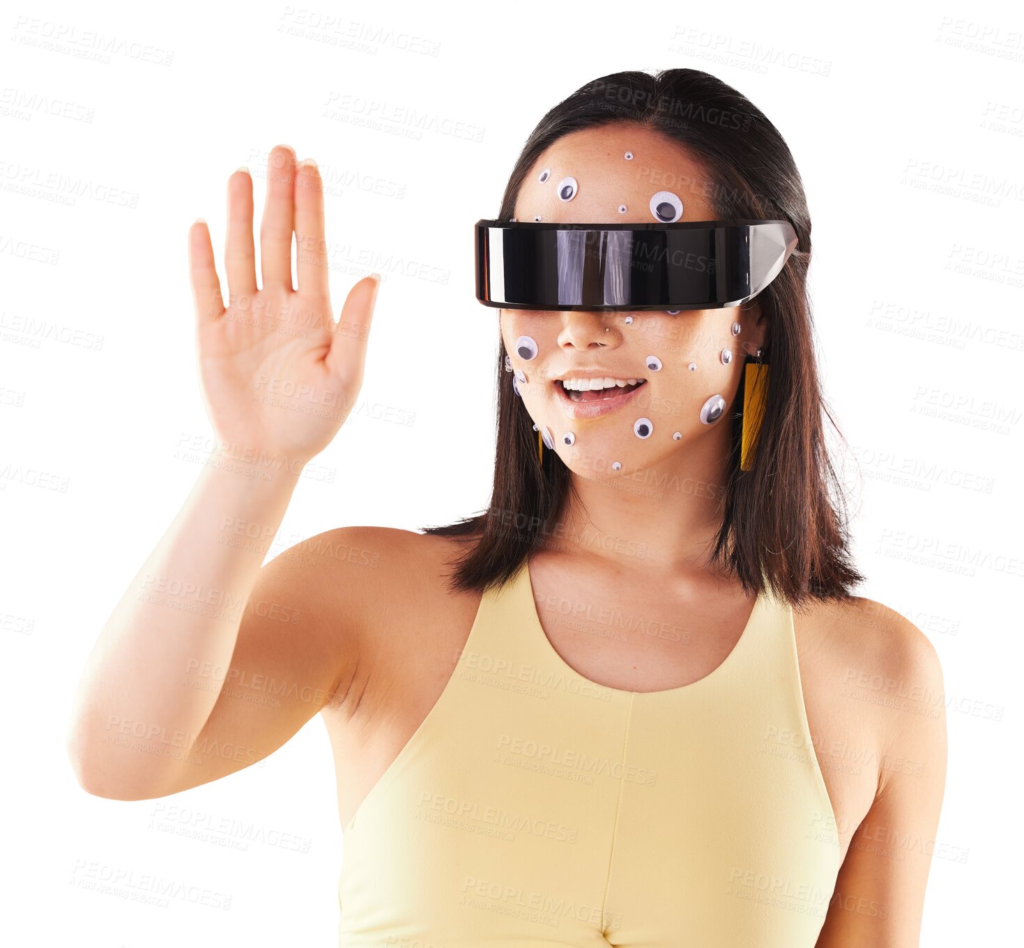 Buy stock photo Virtual reality, scifi and woman with future vr cyber experience or technology glasses on isolated, transparent or png background. Headset, face stickers and happy female with gaming eyewear