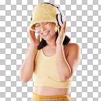 Music headphones, makeup and woman in studio isolated on a yellow background. Eye stickers, freedom technology and happy female model listening, enjoying and streaming radio, podcast and audio song.