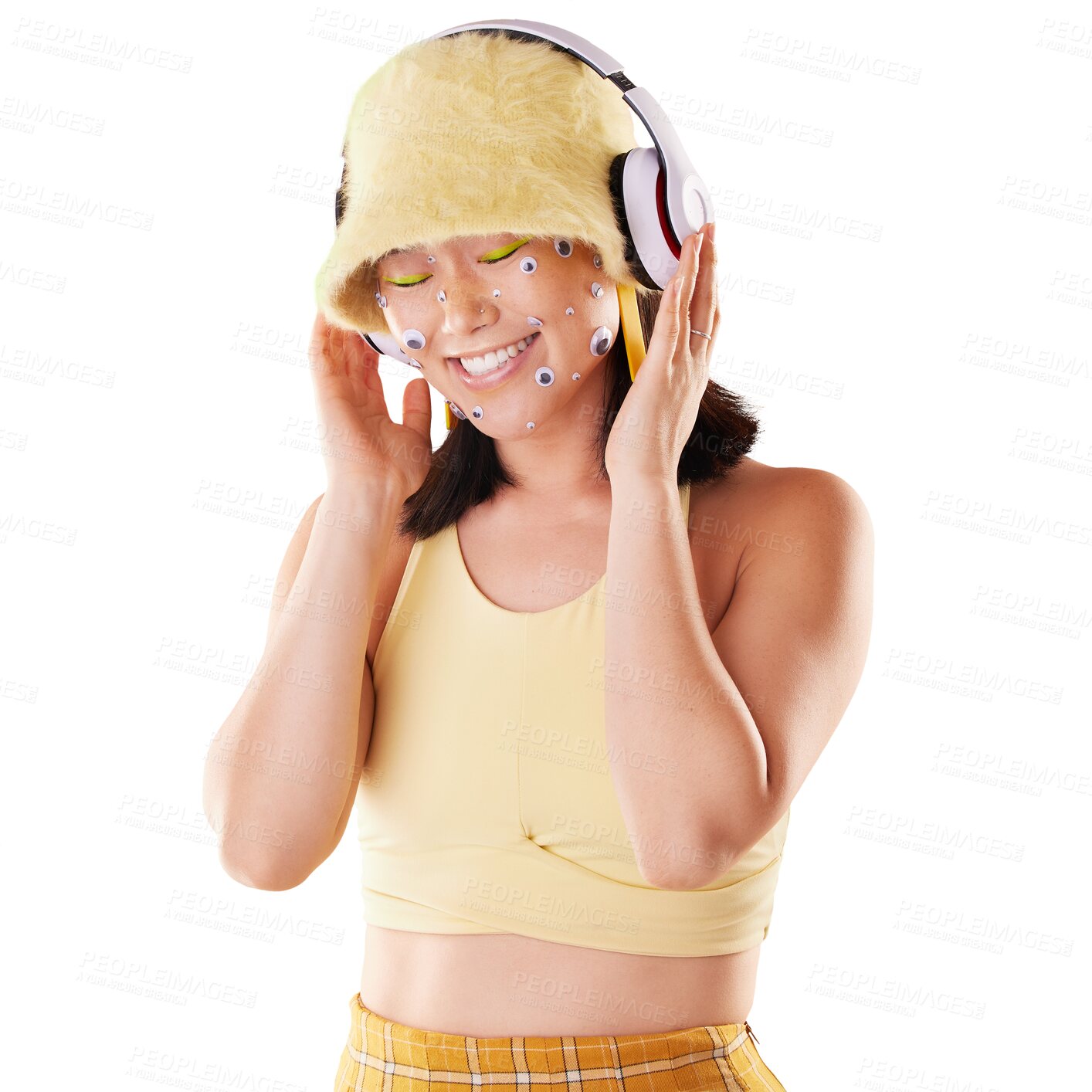 Buy stock photo Music, dj with headphones and woman listening or gen z streaming on isolated, transparent or png background. Happy face, Asian girl and creative technology for audio, sound or podcast advertising