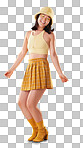 Dancing, Asian woman and retro fashion isolated on a yellow background in a studio. Happy and stylish girl model with dance for freedom, motivation and carefree mindset with cosmetics and energy