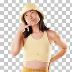 Eyes, thinking and woman with a hand call isolated on a yellow background in a studio. Idea, fashion and Asian girl with fingers in a telephone gesture for communication, conversation and talking