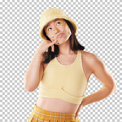 Eyes, fashion and woman with a hand call isolated on a yellow background in a studio. Idea, thinking and Asian girl with fingers in a telephone gesture for communication, conversation and talking