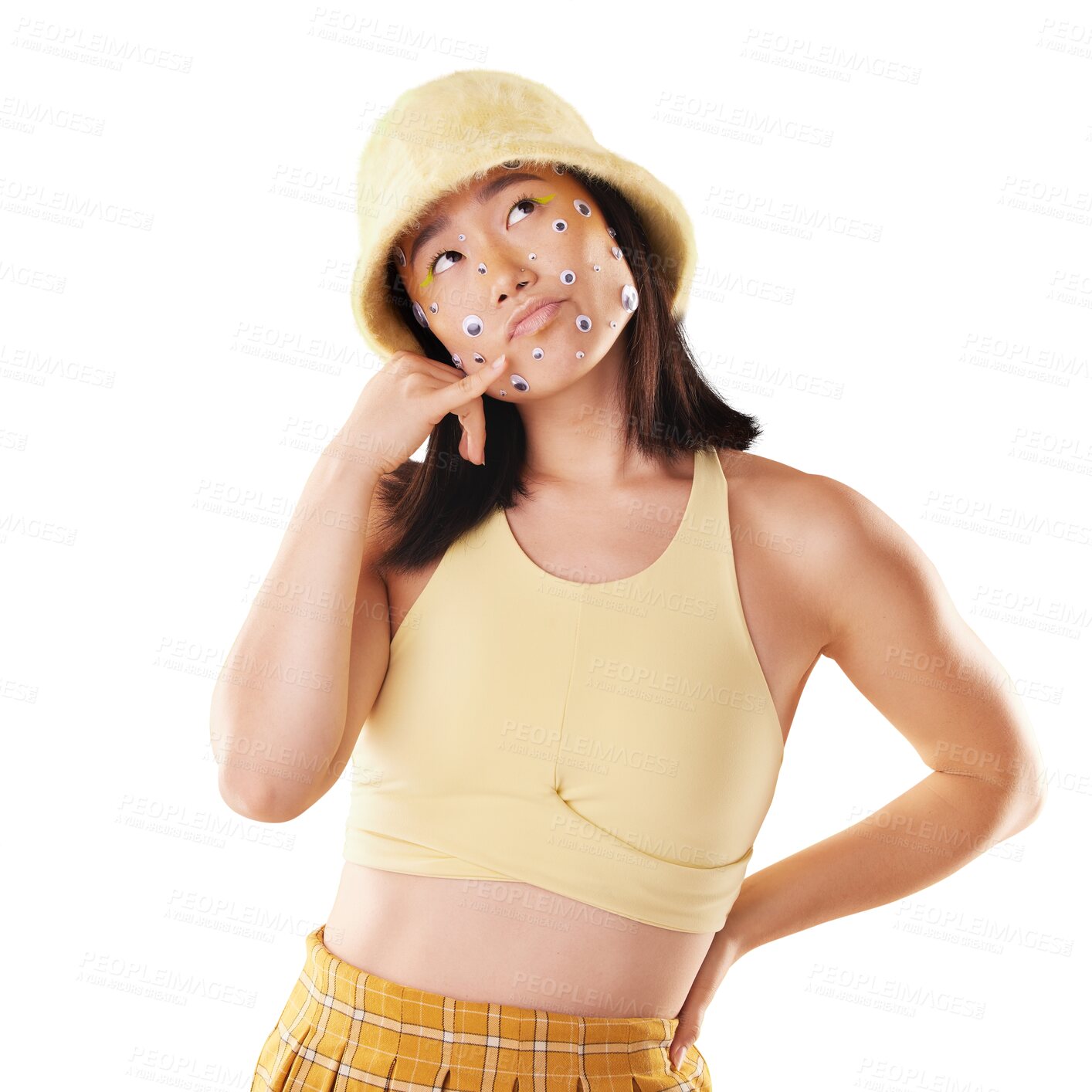 Buy stock photo Eyes, contact and woman with a hand call for communication, conversation or talk. Idea, fashion and gen z Asian girl with fingers in a telephone gesture isolated by a transparent png background.