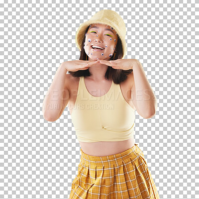 Fashion, hands on face and portrait of woman with comic eyes isolated on yellow background. Happy, funny and asian girl with a smile for motivation, beauty and creativity with color clothes in studio