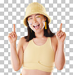 Portrait, pointing and woman with eyes for comedy isolated on yellow background in a studio. Direction, comic and Asian girl with gesture up and facial product for expression and funny on a backdrop