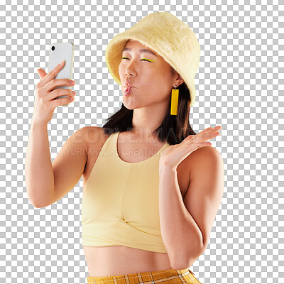 Buy stock photo Gen z, woman and selfie with funny face and fashion, yellow aesthetic and social media on transparent png background. Fish lips, influencer and trendy clothes, live stream and model smile in picture