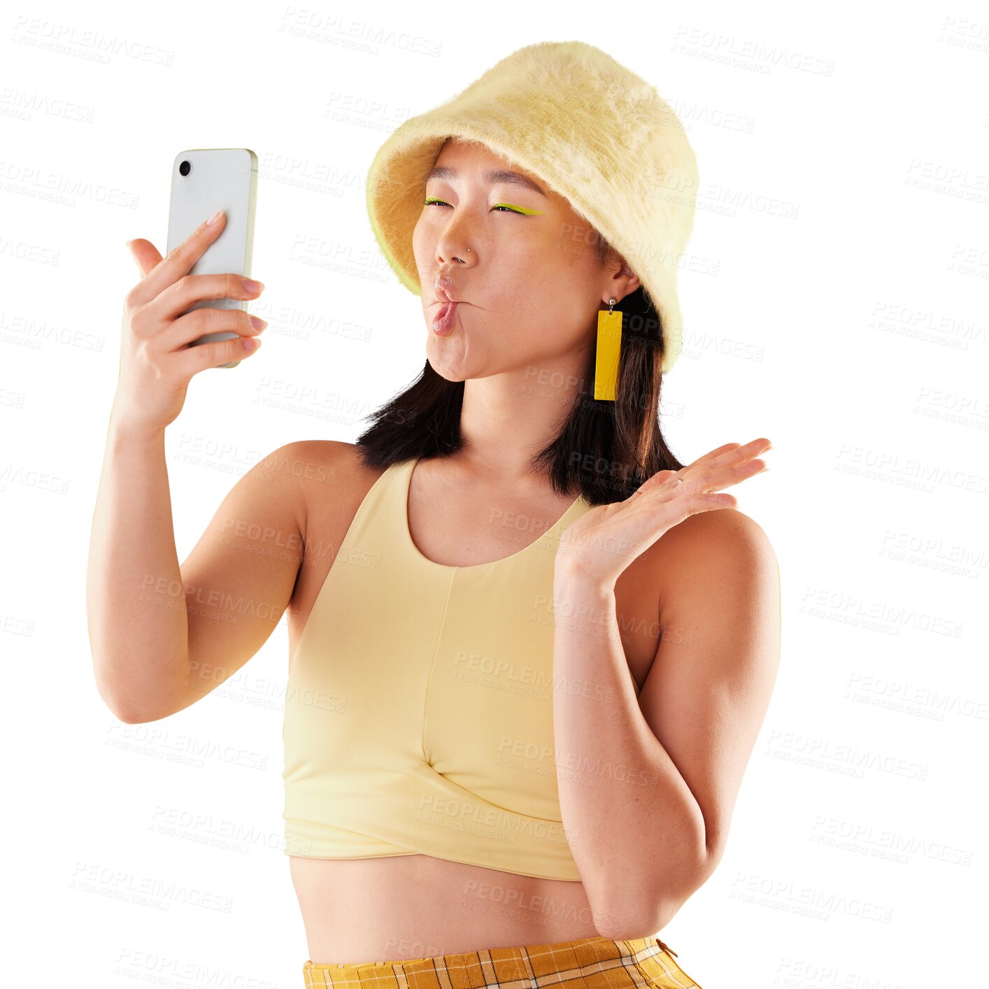 Buy stock photo Gen z, woman and selfie with funny face and fashion, yellow aesthetic and social media on transparent png background. Fish lips, influencer and trendy clothes, live stream and model smile in picture