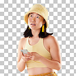 Phone, thinking and Asian woman typing in studio isolated on a yellow background. Ideas, technology and female model contemplating, focus or lost in thoughts with mobile for social media and texting.