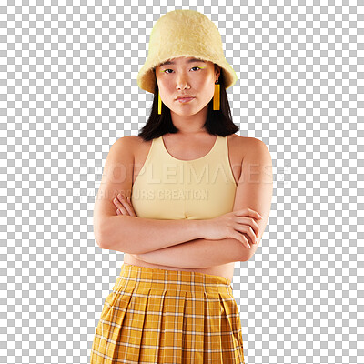 Asian, woman in portrait and fashion with yellow aesthetic, beauty and confident with arms crossed on studio background. Style, edgy and female with streetwear, trendy designer clothes and mockup