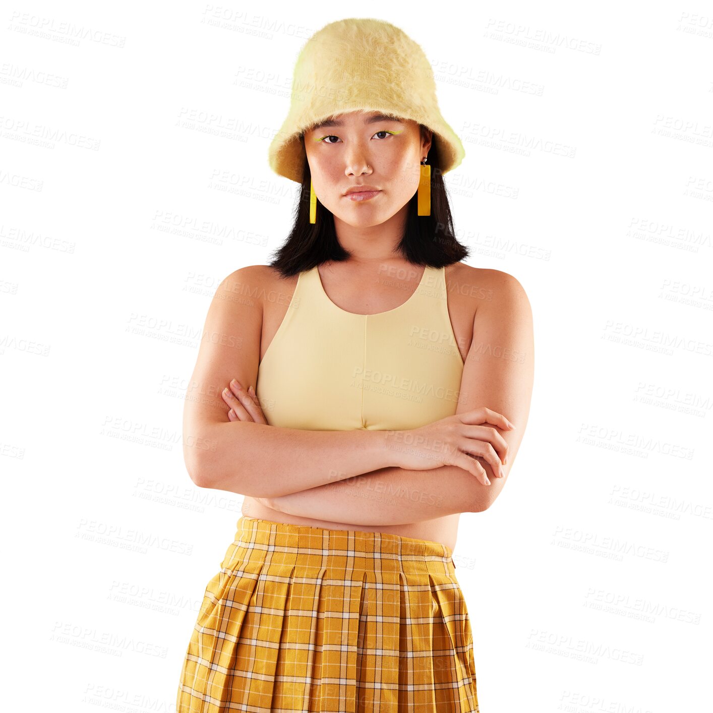 Buy stock photo Fashion, portrait and Asian woman with arms crossed in hat isolated on transparent png background. Style, serious or confident gen z model from Japan with retro clothes, makeup aesthetic or cosmetics